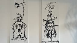 nelo. „Herzlos" und „Opfer" — Acrylzeichnungen auf Leinwand, Sammlung FriLo Isny